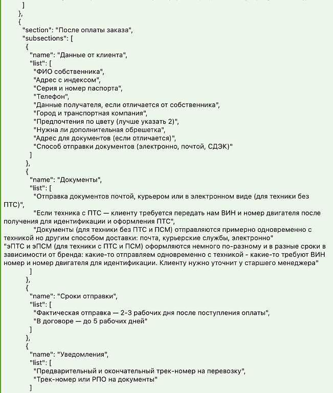 Пример исходной базы знаний AI-бота